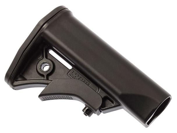 The LWRC Compact Stock is a drop-in replacement for AR-15 carbines with a Mil-Spec diameter buffer tube. It is a lightweight, no-nonsense stock that features integral sling attachment points, one-handed adjustment and an excellent cheek weld.