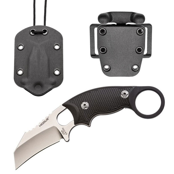 Hogue 35329 EX-F03 Hawkbill Blade G10 Solid Black Scales Combo Knives w/Neck & Belt Sheath