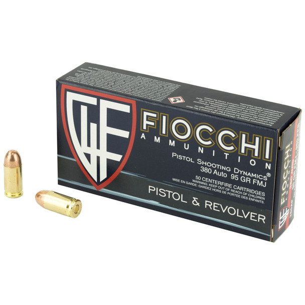 Fiocchi Shooting Dynamics .380 Auto/ACP Full Metal Jacket ammunition is loaded with a 95 grain bullet and reaches an average muzzle velocity of 960 fps.  Ammunition comes with 50 rounds per box.