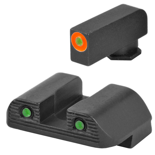 Modeled after AmeriGlo's award-winning Federal contract sights, the Trooper sight set by AmeriGlo features a 3-dot design with a ProGlo front sight and a serrated square notch rear sight with green tritium and black outlines. This model is compatible with Glock 17,19,22,23,24,26,27,33,34,35,37,38,39 Gen1-4 with or without MOS slide.