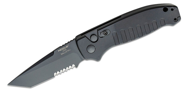 Hogue Ballista I AUTO Folding Knife 3.5" 154CM Black Combo Tanto Blade, Matte Black Aluminum Handles - 64120

Hogue Automatics offer impressive speed and exceptional reliability. This Ballista I is another addition to Hogue's quality line of automatic folding knives. It features a 3.5" black Cerakoted tanto blade and black aluminum handles. The Ballista's unique patent-pending blade retention device allows for one-handed deployment and closure without placing the hand in the path of the blade. The manual safety locks the knife both open and closed to prevent misfiring. The knife comes complete with a reversible stainless steel, deep-carry pocket clip.