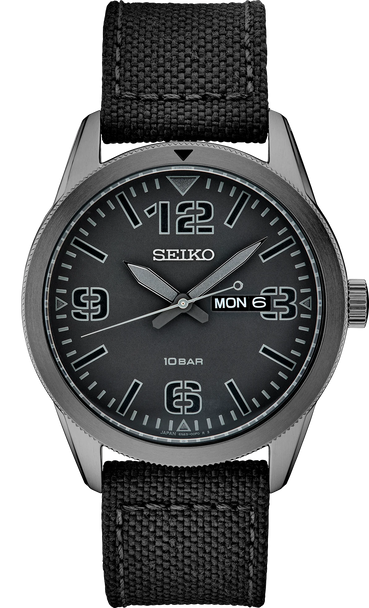 This Seiko watch has a very easy-to-read black dial inspired by old pilot watches. It features a 43mm diameter PVD plated stainless steel case that is only 10mm thick. It is light weight too at just 74 grams. For telling time in the dark, the hour and minute hands are filled with gray Lumibrite as are the four triangles on the blue dial. The crystal is scratch resistant Seiko Hardlex mineral glass. The fixed bezel has a black triangle at the 12:00 position. Powering the watch is a Seiko Caliber 6N43 quartz movement that runs on a battery. The strap is a nylon weave with a leather backing. It is a handsome watch with a stealth military look.