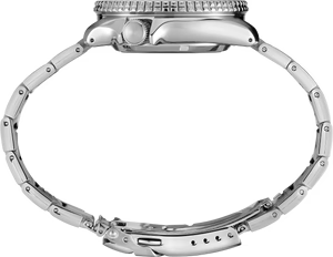 This is a new Seiko automatic 5 Sports watch that features a Seiko 24 jewel automatic (self-winding, hand wind, hacks) movement. The orange dial has a day and date display at 3:00, highly luminous hands and markers treated with Lumibrite for low light visibility, an offset crown at 4:00, a uni-directional rotating bezel, a Hardlex mineral crystal and an exhibition window screw-down case back. 42.5mm diameter stainless steel case. It comes on a stainless steel bracelet with a deployant clasp. Manual and Seiko box are included.