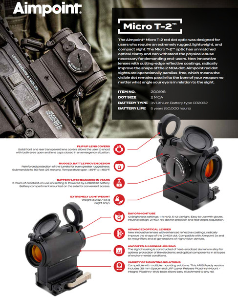 Aimpoint 200198 Micro T-2 Red Dot Reflex Sight AR15 Ready Mount