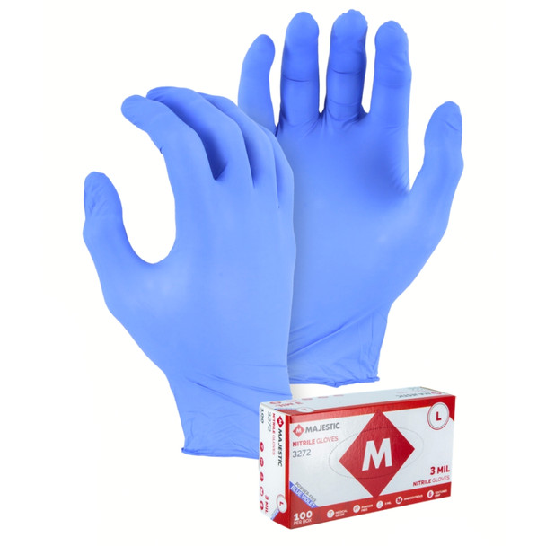 Majestic 3 Mil Nitrile Exam Powder Free Gloves, Case of 10 Boxes, Box of 100 Gloves