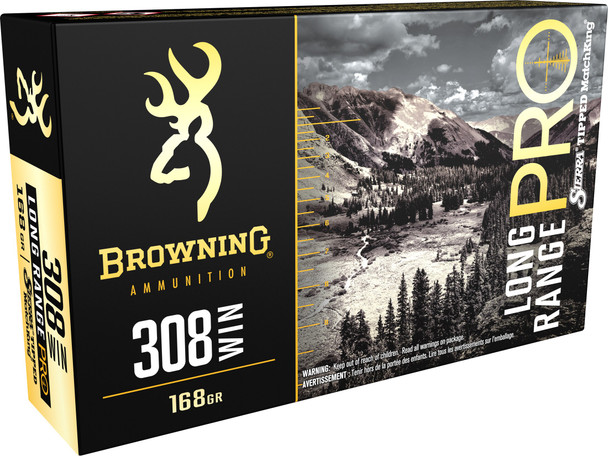 Browning Long Range Pro achieves match grade accuracy through the utilization of Sierra Tipped MatchKing bullets. Whether its punching holes in paper or ringing longrange steel targets, Long Range Pro delivers with precision.