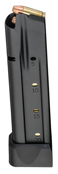 The 20-round 1911 DS magazine is constructed of 410 stainless steel for ultimate durability and features witness holes to aid in reloading. 1911 DS magazines are cross compatible with 2011 platforms.