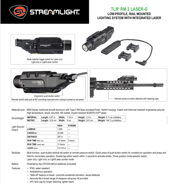 Streamlight 69453 TL RM 2 Weapon Light with Integrated Green Laser and Remote Pressure Switch