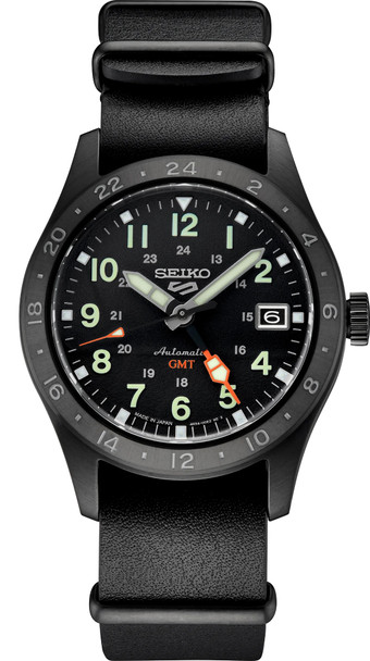 Seiko SSK025 5 Sports Field GMT 39mm Watch Black Dial and Leather Band