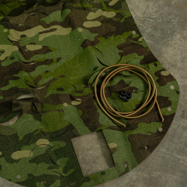 HelmetScrim attaches to your high-cut helmet, breaking up its silhouette and improving its camouflage in both the visible and IR spectrums. It attaches via a simple shock cord, stretching over your helmet, and has a rectangular cut out for your NVG mount. It is made in the US using licensed camouflage patterns and durable, NIR compliant materials.

