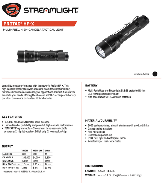 Streamlight 89022 ProTac HP-X USB Rechargeable Tactical Flashlight 800 Lumens  105,000 Candela