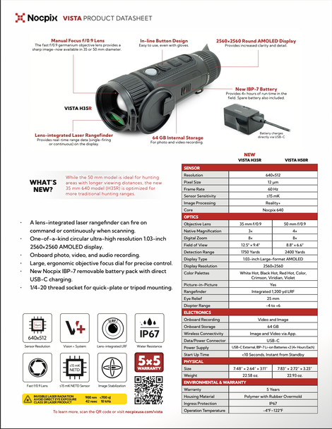 Noxpix VISTA H50R Rangefinding Thermal Monocular 4X 640x512 50mm