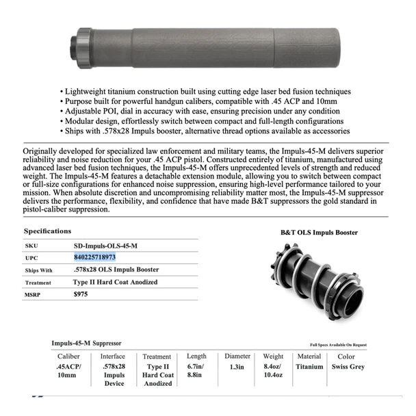 B&T Impuls 45 Modular Titanium Suppressor – .45 ACP / 10MM