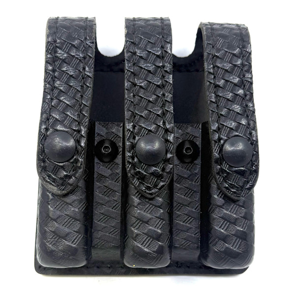 Safariland Model 777 Glock 17/22 Triple Magazine Pouch, Basketweave Leather, Police Trade