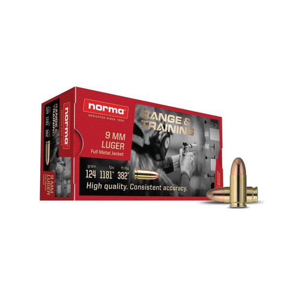 Norma Range & Training 9mm Luger Ammunition 124gr Full Metal Jacket - 50 Rounds