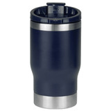 A drink bottle featuring a navy finish with a stainless steel base and a removable lid, including a logo.