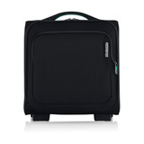 A black underseat travel bag with wheels and a handle, featuring a front pocket and a logo.