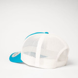 A five-panel trucker cap in white and turquoise with a mesh back and a curved peak.