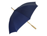 A navy blue RPET umbrella with a wooden handle and a metal frame, featuring a logo.