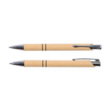 A set of two beige paper pens with silver accents, featuring a sleek design and a logo.