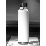 A drink bottle with a sleek white body and a silver base, featuring a black lid and a logo.