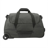 A wheeled duffel bag in grey fabric with dual top handles and a single wheel for mobility.