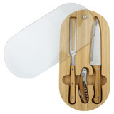 A bamboo oval knife set featuring silver stainless steel knives and a corkscrew, encased with a clear protective cover.