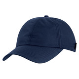 A navy cap featuring a structured design and a branded logo on the side.