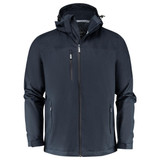 A dark blue rain jacket with a hood, featuring zippered pockets and a logo on the chest.