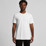 A white organic T-shirt on a model, featuring a plain design and short sleeves. The shirt has a logo.
