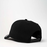 A black recycled cap with an adjustable strap and a logo on the side. The cap has a curved brim and a structured fit.