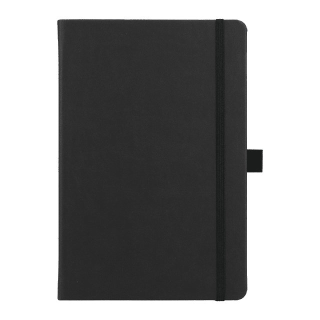 A black hardbound journal with an elastic closure and a bookmark. It features a logo on the cover.