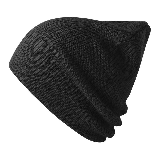 A black beanie made from recycled polyester, featuring a ribbed texture and a logo.