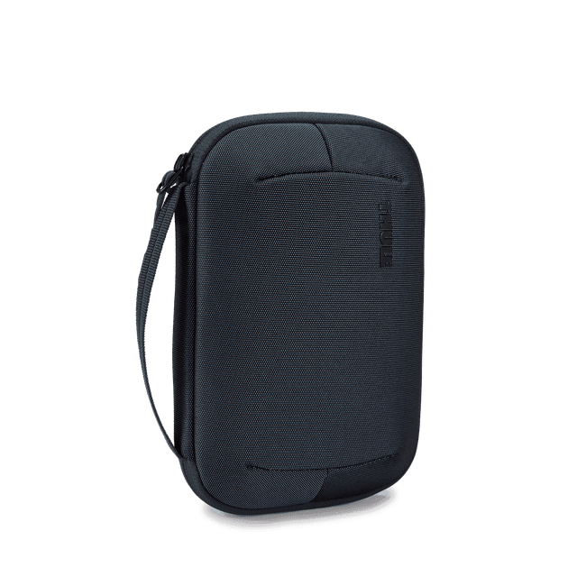 A storage case for electronics in dark grey, featuring a carrying strap and a subtle logo.