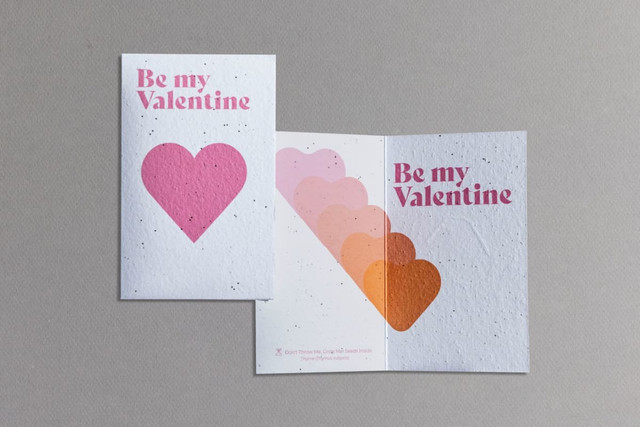 A medium seed paper greeting card in white and pink, featuring a heart design and 'Be my Valentine' text.
