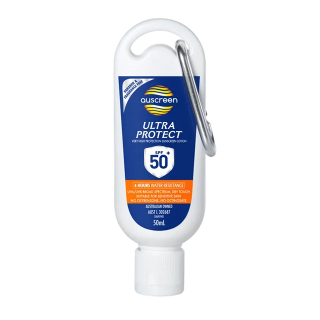 White 50ml screw top carabiner sunscreen. Blue Label. It features a metal clip for easy attachment to belt loops or bags.