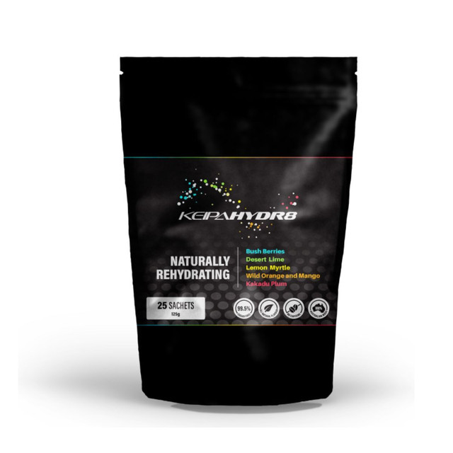 25 pack KeipaHYDR8 rehydration sachets, bush berries, desert lime, lemon myrtle.