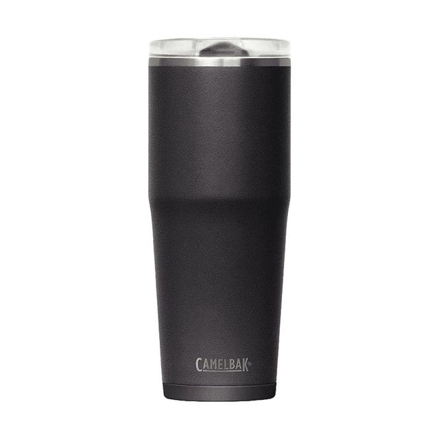 A drink bottle in matte black with a clear lid and a logo at the base.