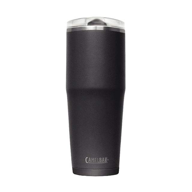 A drink bottle in matte black with a stainless steel lid and a logo on the front.