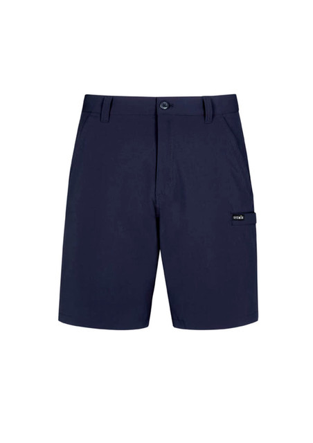 Men's lightweight outdoor shorts in navy blue, featuring a front button closure and a side pocket with branding.