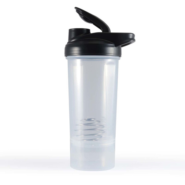 A drink bottle designed for protein shakes, featuring a clear container with a black lid and a metal mixing ball inside.