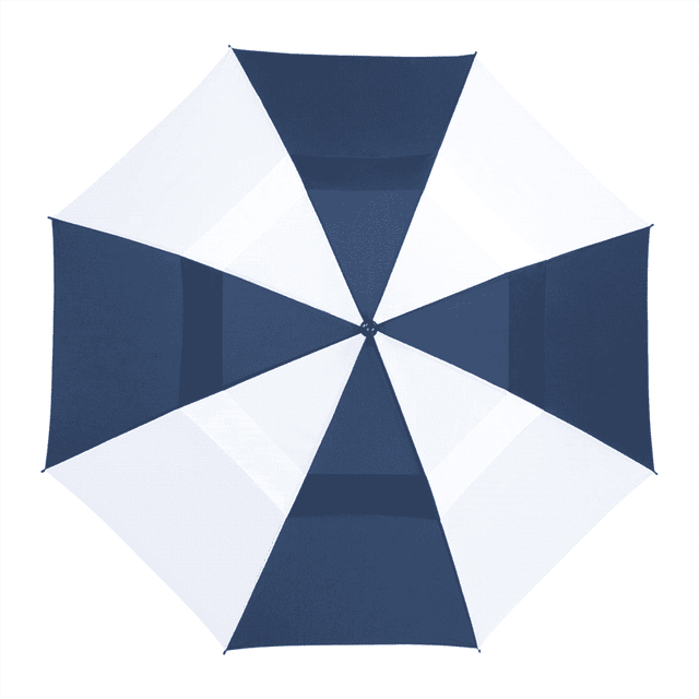 A navy and white recycled golf umbrella featuring a triangular panel design and a central logo.