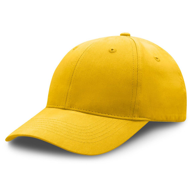 A yellow premium soft cotton cap with a curved brim and a logo on the front.