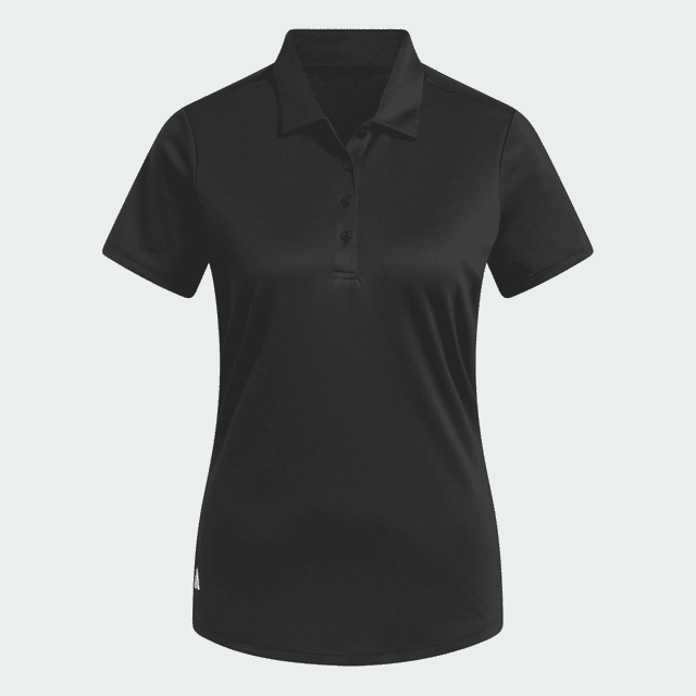 A black ladies' polo shirt with a classic collar and buttons, featuring a logo.