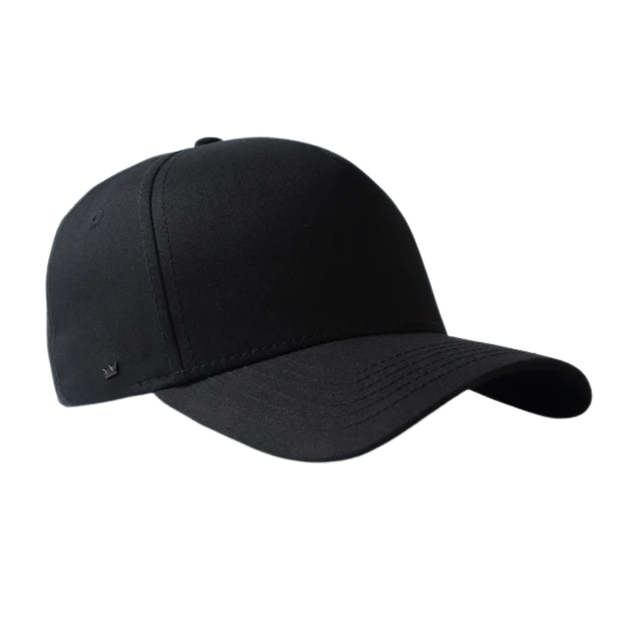 A black adult snapback cap with a structured five-panel design and a logo on the side.