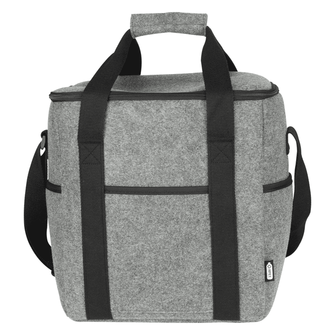 A drink bottle cooler bag made of grey recycled felt, featuring two black handles and shoulder strap.