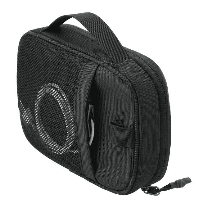 A black toiletry bag with a mesh pocket and zipper, featuring a handle for easy carrying.