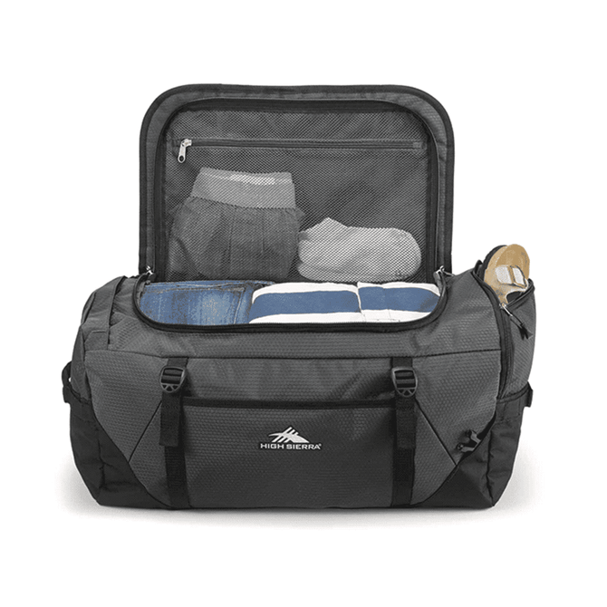 A grey duffel backpack opened to reveal neatly folded clothes and a drink bottle inside. It features a logo on the front.