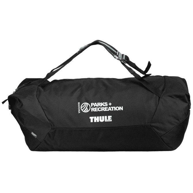 A black duffel bag with a mid blue accent and a logo. Features a shoulder strap for easy carrying.