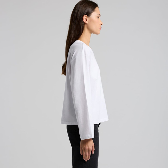 A white long-sleeve T-shirt displayed from the side, featuring a simple design and a branding logo.